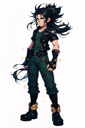 Full body, male teenager looking forward, black hair, with ponytail, green eyes, wearing a green jacket with black and gold touches, underneath a white shirt, black fingerless gloves, blue jeans, brown boots with military touches.,sora \(kingdom hearts\)