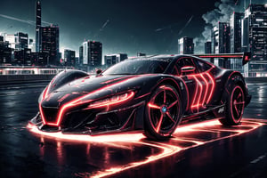 (best quality, 4k, 8k, highres, masterpiece:1.5), ultra-detailed, highly realistic, futuristic race car, sleek red body with sharp lines and angular design, large black wheels with detailed tread patterns, glowing accents on the wheels, metallic textures, aerodynamic shape, sharp front nose, glowing blue cockpit canopy, futuristic exhaust pipes, advanced high-tech suspension system. The car is speeding down a detailed futuristic race track, with neon lights, glowing lines on the road, and metallic skyscrapers in the background. High-resolution reflections on the car’s surface, detailed light and shadow effects, and vivid colors, set in a high-speed environment with dynamic motion effects. Futuristic cityscape in the distance with metallic structures and holographic billboards.