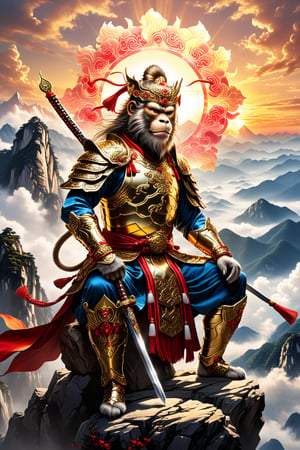 A highly detailed illustration of Sun Gukon, the Monkey King, sitting confidently atop a majestic mountain in China, which is shrouded in ethereal clouds. The sky in the background shows golden and pink tones of an epic sunset. Sun Gukon wears golden, red-embroidered warrior armor from ancient China, reflecting both his power and divine status. He is in a defiant pose, with his iconic magic staff, the Ruyi Rod, resting on his right shoulder, radiating a mystical aura. His expression is sly and defiant, with a confident smile on his face. The wind gently moves his tunic and the details of his armor, while his monkey tail curves behind him. The golden bracelets on their wrists shine in the light of the setting sun. Behind him, a mountainous landscape inspired by the Huangshan Mountains stretches, creating a mystical and powerful atmosphere.,more detail XL,shards,glass,brocken glass,transparent glass,pieces of glass,Made_of_pieces_broken_glass