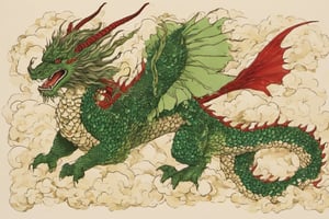 Japanese dragon flying through the skies, green in color, its scales are emerald, black eyes with red pupils, elongated, horns.,shards