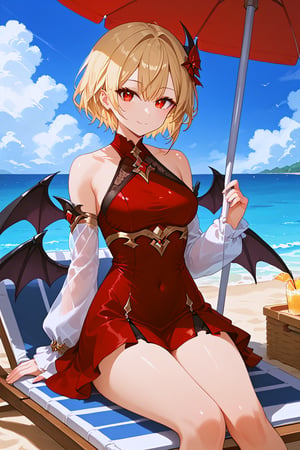 A beautiful anime-style female character with short blonde hair, sitting on a beach chair under an umbrella, wearing a long dark red dress with white sleeves. She has a metallic accessory over her left eye and small black demon wings on her back. The character is enjoying a dessert with a calm and composed expression. The scene is set by the seaside on a sunny day, with a clear blue sky and a peaceful atmosphere. The image should be in a detailed and realistic anime style with vibrant colors.