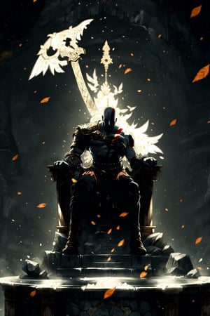 Kratos Nórdico sentado en un trono de piedra,En un ecenario templo romano oscuro, atras el simbolo de omega, la hoja del olimpo a su lado.