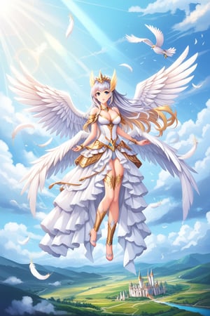 A female celestial being with long silver hair floating in the sky, surrounded by large white wings with detailed feathers. She wears an elegant white dress with shiny gold trim. Her eyes are golden and reflect the light of the sky. The scene has an ethereal background of a light blue sky with soft clouds, where castles can be seen in the distance. Her flight is light and majestic, with the sunlight reflecting off her wings and dress, giving a sense of divinity and serenity. Soft lighting with golden highlights on her skin and wings to highlight the angelic atmosphere.