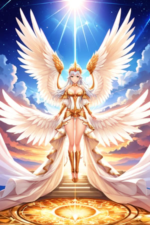 A female celestial being with long silver hair floating in the sky, surrounded by large white wings with detailed feathers. She wears an elegant white dress with shiny gold trim. Her eyes are golden and reflect the light of the sky. The scene has an ethereal background of a light blue sky with soft clouds, where castles can be seen in the distance. Her flight is light and majestic, with the sunlight reflecting off her wings and dress, giving a sense of divinity and serenity. Soft lighting with golden highlights on her skin and wings to highlight the angelic atmosphere.