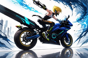 A young male pilot with spiky blonde hair, dressed in a black sleeveless shirt and black gloves, is riding a massive, futuristic motorcycle with neon lights and advanced weaponry. He is in the midst of a high-speed race, battling other pilots on similarly designed bikes using his enormous, oversized sword. The race takes place in a neon-lit, futuristic cityscape with towering skyscrapers and glowing streetlights. The scene is dynamic and intense, with bright blue headlights illuminating the path ahead. The atmosphere is charged with action, showcasing the pilot's determination and skill as he swings his sword at an approaching rival.,ink smoke background