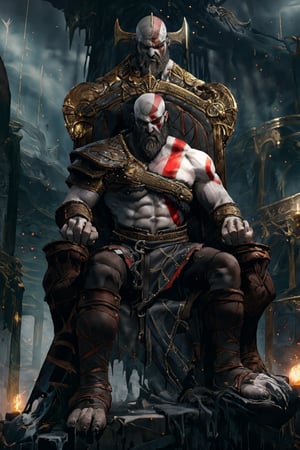 A muscular and intimidating looking warrior, sitting on a dark throne with a thoughtful and serious expression. His skin is pale with scars, and he bears distinctive red tattoos running across his head and body. He is dressed in a Spartan warrior's skirt with gold and red Greek patterns, and wears bronze armor on his forearms and legs, adorned with intricate detail. His arms are resting on the throne, with one hand holding his chin in a pose of weariness or disdain. The throne is large, made of dark stone with sculpted detail. The background is somber, illuminated by a dim light that highlights the warrior's musculature, giving a dramatic and majestic atmosphere. The environment is dark and gloomy, with deep shadows and lighting that emphasizes the figure of the warrior on the throne.,kratosGOW_soul3142, 1boy, beard, realistic, bald,FFIXBG