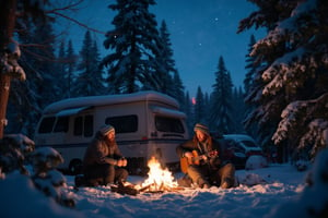 In a snowy forest under a night sky filled with bright stars, two campers are camping out on a quiet, picturesque night. Snow-covered trees surround their small campsite, creating a serene and secluded atmosphere. To one side, an RV with its lights off sits partially covered in a thin layer of frost. In the center of the campsite, a campfire crackles softly, casting warm, orange glows in contrast to the chilly surroundings. One camper, bundled up in a thick jacket and woolly hat, plays an acoustic guitar, filling the air with soft melodies. His companion, also bundled up, sits quietly roasting marshmallows over the campfire, enjoying the moment. Their fire-lit faces reflect the peace of the night, as the gentle wind sends sporadic snowflakes falling that sparkle under the starlight.