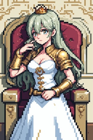 (best quality, 4k, 8k, highres, masterpiece:1.5), ultra-detailed,anime A knight in golden armor without a helmet, with his sword on his back tenderly kissing the hand of a princess in a white dress and a gold crown with diamonds standing in a luxurious throne room, ornate decoration and majestic atmosphere.,Pixel art,Pixel world