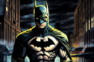 batman Man, alone, looking at the metropolis at night, in the abyss of a building, night, storm with water drops, detailed.