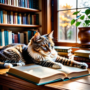 A serene cat lying lazily next to a poetry collection on a wooden bookshelf, soft natural light filtering through a nearby window, creating a warm glow on the books and the cat's fur. The cat's eyes are half-closed, relaxed, with a gentle curve in its body, blending seamlessly with the books. The bookshelf is filled with various volumes, adding depth to the composition. The scene is framed to capture the cozy, literary atmosphere.