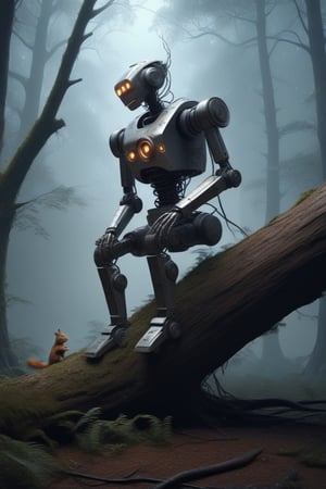 Rusty old robot, sitting on a fallen tree in a foggy forest, watching a squirrel eating a nut.,DonMM4ch1n3W0rldXL ,<lora:659095807385103906:1.0>