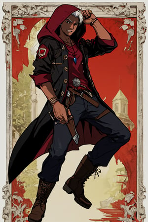 Create a highly detailed full-body character inspired by the Devil May Cry series. The character is a 20-year-old male with short, messy white hair that falls forward, framing a face with large black eyes that convey a friendly and cheerful expression. His skin has a rich, dark tone. He wears a long, dark brown leather coat with a vibrant red lining, the coat designed with a stylish and dramatic flair, featuring a hood and left open in the front. Underneath, he wears a slightly loose and worn white shirt, adding a rugged edge to his appearance. His dark-colored pants, likely leather or denim, are fitted but not tight, complementing the overall aesthetic of the character. His boots are sturdy, brown combat boots that show signs of wear, suggesting a history of many battles. He accessorizes with a red pendant necklace that stands out against his shirt. The character is equipped with a sword on his back, the hilt visible over his right shoulder, and he wields a pistol in each hand, exuding an air of readiness for combat.