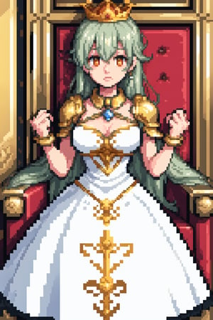 (best quality, 4k, 8k, highres, masterpiece:1.5), ultra-detailed,anime A knight in golden armor without a helmet, with his sword on his back tenderly kissing the hand of a princess in a white dress and a gold crown with diamonds standing in a luxurious throne room, ornate decoration and majestic atmosphere.,Pixel art,Pixel world