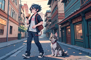 (best quality, 4k, 8k, highres, masterpiece:1.5), ultra-detailed,anime Full body A teenager in casual clothes walking down the street having a smoothie, next to him there is a dog walking next to him, the teenager looks at his phone while walking, in a square on a summer day.