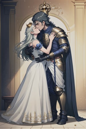 A knight in golden armor without a helmet, with his sword on his back tenderly kissing the hand of a princess in a white dress and a gold crown with diamonds standing in a luxurious throne room, ornate decoration and majestic atmosphere.