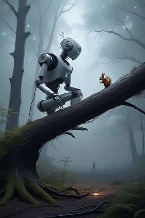 old robot sitting on a fallen tree in a foggy forest watching a squirrel,DonMM4ch1n3W0rldXL ,<lora:659095807385103906:1.0>