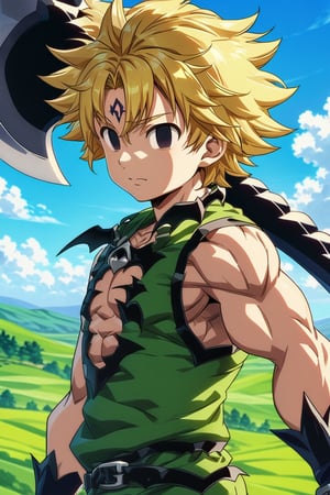 An anime character with messy blonde hair, holding a giant axe over his shoulder. He wears a sleeveless green outfit that reveals his ripped muscles. The background is a vibrant landscape of green hills, blue sky, and fluffy clouds, under soft lighting that highlights the character's details. The art style should be colorful and bright, with a focus on the character's confident and friendly expression., demon outfit, demon form, forehead mark, black eyes, empty eyes, facial mark,meliodas_nanatsu_no_taizai, hair between eyes, green eyes