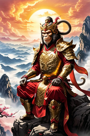 A highly detailed illustration of Sun Gukon, the Monkey King, sitting confidently atop a majestic mountain in China, which is shrouded in ethereal clouds. The sky in the background shows golden and pink tones of an epic sunset. Sun Gukon wears golden, red-embroidered warrior armor from ancient China, reflecting both his power and divine status. He is in a defiant pose, with his iconic magic staff, the Ruyi Rod, resting on his right shoulder, radiating a mystical aura. His expression is sly and defiant, with a confident smile on his face. The wind gently moves his tunic and the details of his armor, while his monkey tail curves behind him. The golden bracelets on their wrists shine in the light of the setting sun. Behind him, a mountainous landscape inspired by the Huangshan Mountains stretches, creating a mystical and powerful atmosphere.