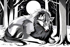 Lobo gris sentado en una roca en un bosque de noche con un luna llena