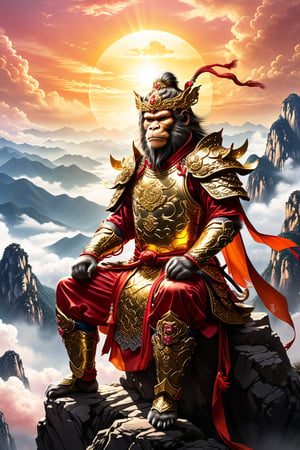 A highly detailed illustration of Sun Gukon, the Monkey King, sitting confidently atop a majestic mountain in China, which is shrouded in ethereal clouds. The sky in the background shows golden and pink tones of an epic sunset. Sun Gukon wears golden, red-embroidered warrior armor from ancient China, reflecting both his power and divine status. He is in a defiant pose, with his iconic magic staff, the Ruyi Rod, resting on his right shoulder, radiating a mystical aura. His expression is sly and defiant, with a confident smile on his face. The wind gently moves his tunic and the details of his armor, while his monkey tail curves behind him. The golden bracelets on their wrists shine in the light of the setting sun. Behind him, a mountainous landscape inspired by the Huangshan Mountains stretches, creating a mystical and powerful atmosphere.,more detail XL,shards,glass,brocken glass,transparent glass,pieces of glass,Made_of_pieces_broken_glass