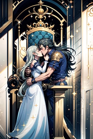 A knight in golden armor without a helmet, with his sword on his back tenderly kissing the hand of a princess in a white dress and a gold crown with diamonds standing in a luxurious throne room, ornate decoration and majestic atmosphere.