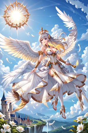 A female celestial being with long silver hair floating in the sky, surrounded by large white wings with detailed feathers. She wears an elegant white dress with shiny gold trim. Her eyes are golden and reflect the light of the sky. The scene has an ethereal background of a light blue sky with soft clouds, where castles can be seen in the distance. Her flight is light and majestic, with the sunlight reflecting off her wings and dress, giving a sense of divinity and serenity. Soft lighting with golden highlights on her skin and wings to highlight the angelic atmosphere.