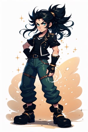 Full body, male teenager looking forward, black hair, with ponytail, green eyes, wearing a green jacket with black and gold touches, underneath a white shirt, black fingerless gloves, blue jeans, brown boots with military touches.,1 girl,1boy,sora \(kingdom hearts\)