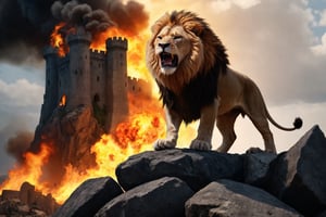Lion with a flaming mane roaring defiantly at an army on top of a rock, in the background the remains of a castle destroyed by war.