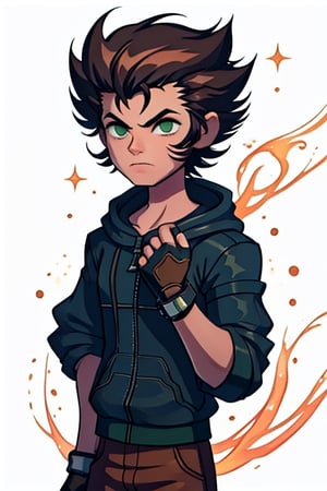 Ventus A 16-year-old boy with black hair with and the hairstyle of Wolverine from X Men, green eyes and a scar above his nose, dressed in Riku's clothes from Kingdom Hearts 3, fingerless gloves.,sora \(kingdom hearts\),Ventus,hooded jacket,benov,brown hair,<lora:659111690174031528:1.0>