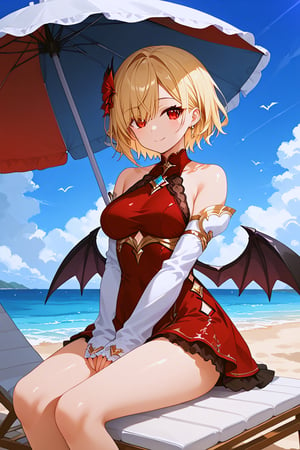 A beautiful anime-style female character with short blonde hair, sitting on a beach chair under an umbrella, wearing a long dark red dress with white sleeves. She has a metallic accessory over her left eye and small black demon wings on her back. The character is enjoying a dessert with a calm and composed expression. The scene is set by the seaside on a sunny day, with a clear blue sky and a peaceful atmosphere. The image should be in a detailed and realistic anime style with vibrant colors.