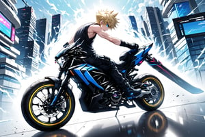 A young male pilot with spiky blonde hair, dressed in a black sleeveless shirt and black gloves, is riding a massive, futuristic motorcycle with neon lights and advanced weaponry. He is in the midst of a high-speed race, battling other pilots on similarly designed bikes using his enormous, oversized sword. The race takes place in a neon-lit, futuristic cityscape with towering skyscrapers and glowing streetlights. The scene is dynamic and intense, with bright blue headlights illuminating the path ahead. The atmosphere is charged with action, showcasing the pilot's determination and skill as he swings his sword at an approaching rival.,ink smoke background