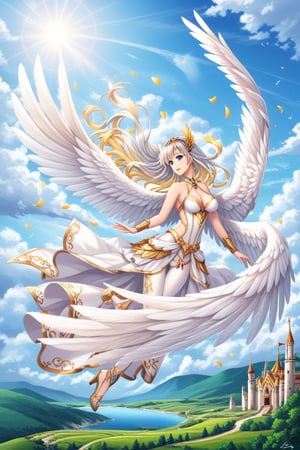 A female celestial being with long silver hair floating in the sky, surrounded by large white wings with detailed feathers. She wears an elegant white dress with shiny gold trim. Her eyes are golden and reflect the light of the sky. The scene has an ethereal background of a light blue sky with soft clouds, where castles can be seen in the distance. Her flight is light and majestic, with the sunlight reflecting off her wings and dress, giving a sense of divinity and serenity. Soft lighting with golden highlights on her skin and wings to highlight the angelic atmosphere.