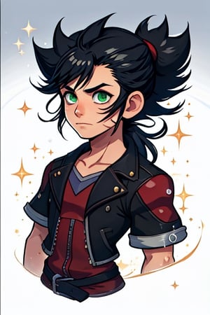 A 17 year old boy with black hair in a ponytail, green eyes and a scar above his nose, dressed in Riku's clothes from Kingdom Hearts 3,Whole body,sora \(kingdom hearts\),<lora:659111690174031528:1.0>