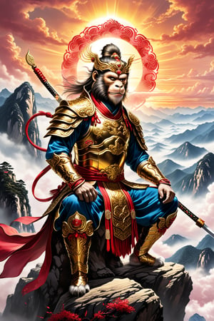 A highly detailed illustration of Sun Gukon, the Monkey King, sitting confidently atop a majestic mountain in China, which is shrouded in ethereal clouds. The sky in the background shows golden and pink tones of an epic sunset. Sun Gukon wears golden, red-embroidered warrior armor from ancient China, reflecting both his power and divine status. He is in a defiant pose, with his iconic magic staff, the Ruyi Rod, resting on his right shoulder, radiating a mystical aura. His expression is sly and defiant, with a confident smile on his face. The wind gently moves his tunic and the details of his armor, while his monkey tail curves behind him. The golden bracelets on their wrists shine in the light of the setting sun. Behind him, a mountainous landscape inspired by the Huangshan Mountains stretches, creating a mystical and powerful atmosphere.