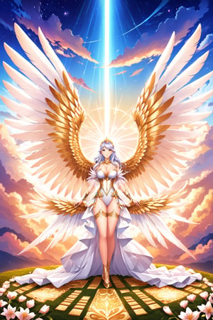 A female celestial being with long silver hair floating in the sky, surrounded by large white wings with detailed feathers. She wears an elegant white dress with shiny gold trim. Her eyes are golden and reflect the light of the sky. The scene has an ethereal background of a light blue sky with soft clouds, where castles can be seen in the distance. Her flight is light and majestic, with the sunlight reflecting off her wings and dress, giving a sense of divinity and serenity. Soft lighting with golden highlights on her skin and wings to highlight the angelic atmosphere.