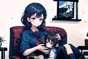 Create an image with the following: a woman sitting in an armchair in her living room next to a small child who is sitting in the same armchair as the woman, the woman is gently stroking his head and the child is smiling happily. The armchair is elegant blue, the walls of the living room are blue with a painting of a sailing boat, the woman wears casual clothes and the child does too. detailed, full hd, beautiful.,score_9