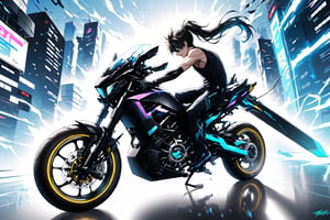 A young male pilot with spiky blonde hair, dressed in a black sleeveless shirt and black gloves, is riding a massive, futuristic motorcycle with neon lights and advanced weaponry. He is in the midst of a high-speed race, battling other pilots on similarly designed bikes using his enormous, oversized sword. The race takes place in a neon-lit, futuristic cityscape with towering skyscrapers and glowing streetlights. The scene is dynamic and intense, with bright blue headlights illuminating the path ahead. The atmosphere is charged with action, showcasing the pilot's determination and skill as he swings his sword at an approaching rival.,ink smoke background