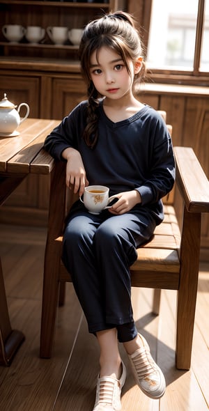 A child actress sitting on a chair and drinking tea.