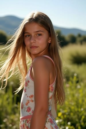 A beautiful girl standing in a serene meadow, golden hour lighting casting a warm glow on her face, her long flowing hair gently swaying in the breeze, she wears a delicate floral dress, her expression calm and serene, the background features a distant mountain range and a clear blue sky, the composition is centered on her, capturing her natural beauty and grace.