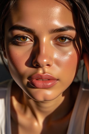 Create a highly detailed and realistic portrait of a 20-year-old woman with exquisite skin textures, including shiny, tanned, wet, moist, glowing, oily, and reflective qualities. Ensure the image has an ultra-high resolution, hyper-sharpness, and hyper-realistic details, using advanced photography techniques such as neural style, professional framing, and studio lighting. The scene should feature natural and radiant light beams, casting detailed shadows and reflections on polished textures. Use high-end equipment like the Canon EOS C500 Mark II and Phase One XT IQ4 150MP for superior image quality. Aim for an immaculate, vibrant, and saturated color palette, with a focus on three-dimensional and volumetric textures. The final image should be of the highest possible resolution and clarity, with a perfect balance of light and detail.