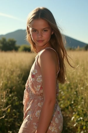 A beautiful girl standing in a serene meadow, golden hour lighting casting a warm glow on her face, her long flowing hair gently swaying in the breeze, she wears a delicate floral dress, her expression calm and serene, the background features a distant mountain range and a clear blue sky, the composition is centered on her, capturing her natural beauty and grace.