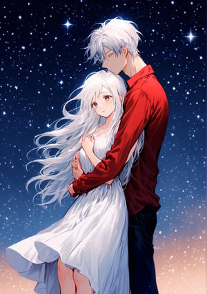 Night background, open sky, stars, bright stars, white-haired woman, long hair, short dress, white dress, bare feet, man, white hair, pants, red shirt, romantic couple, woman and man hug, lovers, young romantic