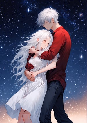 Night background, open sky, stars, bright stars, white-haired woman, long hair, short dress, white dress, bare feet, man, white hair, pants, red shirt, romantic couple, woman and man hug, lovers, young romantic