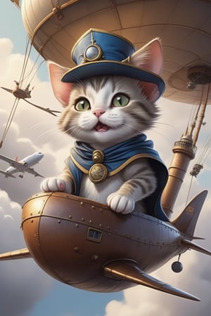 A cat with a big head opened its mouth wide, letting out an airplane that flew quickly. On top of the airship, a rat wearing a magic costume sat gracefully.