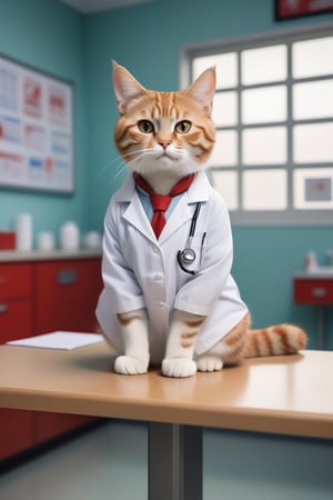 Visualize a cat wearing a doctor's costume complete with white coats and stethoscopes, but with a unique touch of the color of the Indonesian flag. Let the white coats have striking red and white accents, reflecting the colors of the national flag. The cat can sit gracefully on the examination table, showing a professional and friendly attitude. Let the background reflect the clinical atmosphere or a bright and clean examination room. Use bing ai to produce interesting illustrations, showing this cat as a doctor who is ready to provide medical services with love and warmth, while showing the spirit of Indonesian patriotism.