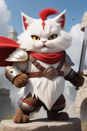 Write an epic story about Furball Fury, a brave and strong cat, wearing a dashing battle costume in white & red. Follow the adventures of Furball Fury as he enters a dangerous and challenging battlefield, defending his honor as an undefeated gladiator. Describe Furball Fury's fighting skills and courage in facing his enemies with enthusiasm. Also tell the story of Furball Fury's journey to seek justice and honor, as well as the emotional and thrilling moments during epic battles