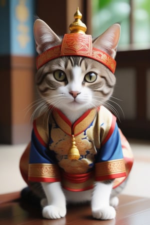 Imagine a cat dressed in a Malaysian cultural element. Think about the cat wearing traditional Malaysian clothing that is typical, such as brackets or songkok, while maintaining the charm of a cute cat. Allow your imagination to describe the touch of Malaysian culture that is rich in the costumes worn by this cat. Use bing ai to create illustrations that combine the beauty of Malaysian culture with adorable cat charm.