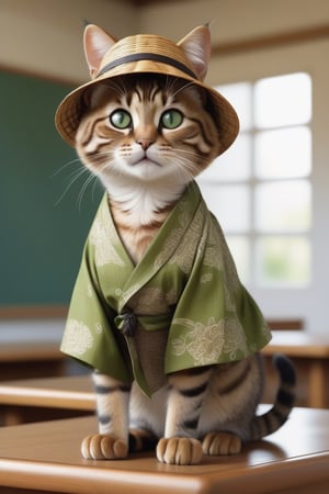 Imagine a photorealistic illustration of an adorable Javanese cat standing proudly on a classroom desk, dressed as a beloved Indonesian teacher. Their soft, tabby fur, like a living batik canvas, ripples with natural feline movement. Keen, green eyes sparkle with intelligence and a hint of mischievous curiosity, hinting at both playful moments and a passion for guiding young minds. A worn batik sarong, meticulously tied around their tiny waist, flows gracefully down their back legs, echoing the wisdom of generations past. A miniature rattan bucket hat, perched at a jaunty angle, casts a playful shadow over their face, framing a pair of tiny spectacles that lend a touch of comical seriousness. Their paws, tucked neatly beneath them, suggest a moment of quiet composure before the next lesson unfolds. Capture the essence of this furry pedagogue, both playful and wise, radiating the authenticity of a real cat – every whisker, every curve of their elegant form, every nuance of their gaze inviting the viewer into the classroom of their imagination.