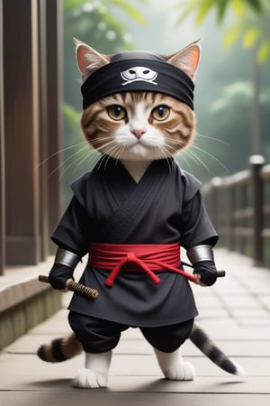 "Visualize a cat named Whiskers wearing a unique ninja costume in malaysia. Describe in detail how Whiskers displays his ninja style and skills, creating a mysterious and action-packed atmosphere. Use Bing AI to produce an illustration full of intrigue and depict Whiskers as an agile and full ninja cat surprise in the world of cats in Indonesia!"