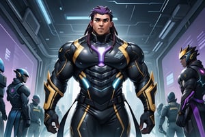 1 boy. multiple views. A tall, burly, thick, stocky, stout, musclebound, masculine, (very dark-skinned, black male). He has long, mighty, black, dreadlocks, wears a long, violet, gold, & black surcoat over his cybersuit. The (very dark-skinned, african-american) man strides, He is ((fat, musclebound)), with beautiful dark, wide, warm, determined, Nubian face, musclegut, TronFashion, ,patternbodysuit, bodysuit,massive pecs, massive muscular body ,Expressiveh,Strong Backlit Particles,Cyberpunk, ,best quality, masterpiece